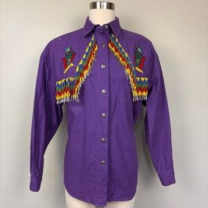 KZK Purple Rodeo Button Up Shirt Beaded Fringe Size L Embellished Cowgirl